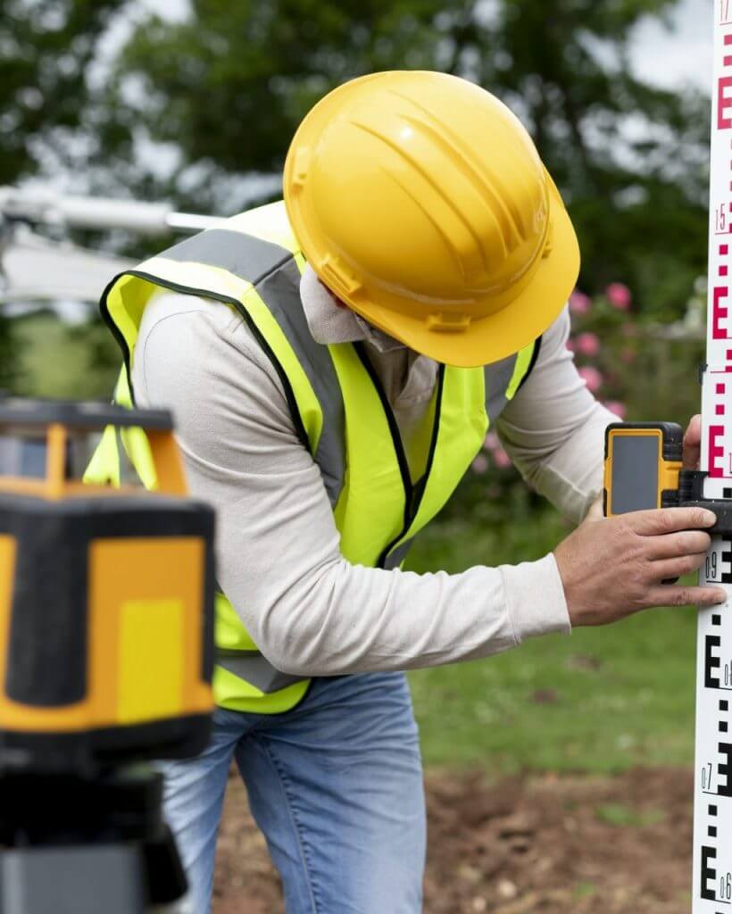 Professional surveyor wearing a yellow hard hat and high-visibility safety vest calibrating laser measurement equipment outdoors.